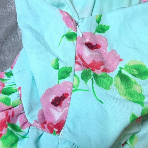 Bo Bel Dress Womens Small Aqua Blue Floral Bow Back Sleeveless Fit Flare Summer - Picture 10 of 16